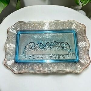 Tiara Indiana Glass Blue The Lord's Last Supper Bread Dish Tray Plate